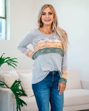 Jade Gray and Aztec Color Block Top