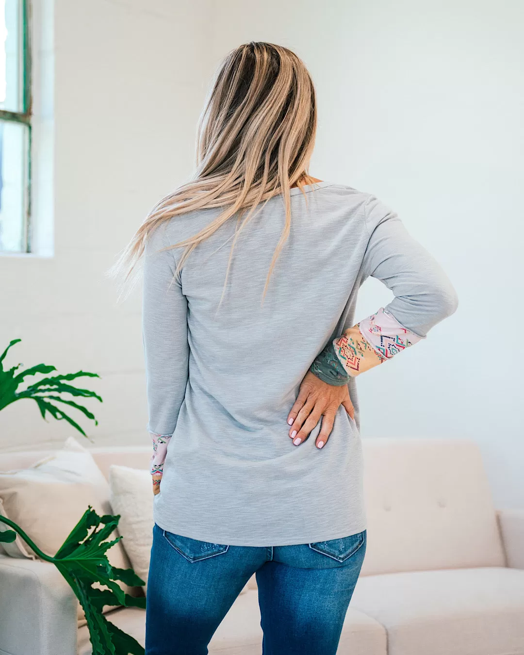 Jade Gray and Aztec Color Block Top