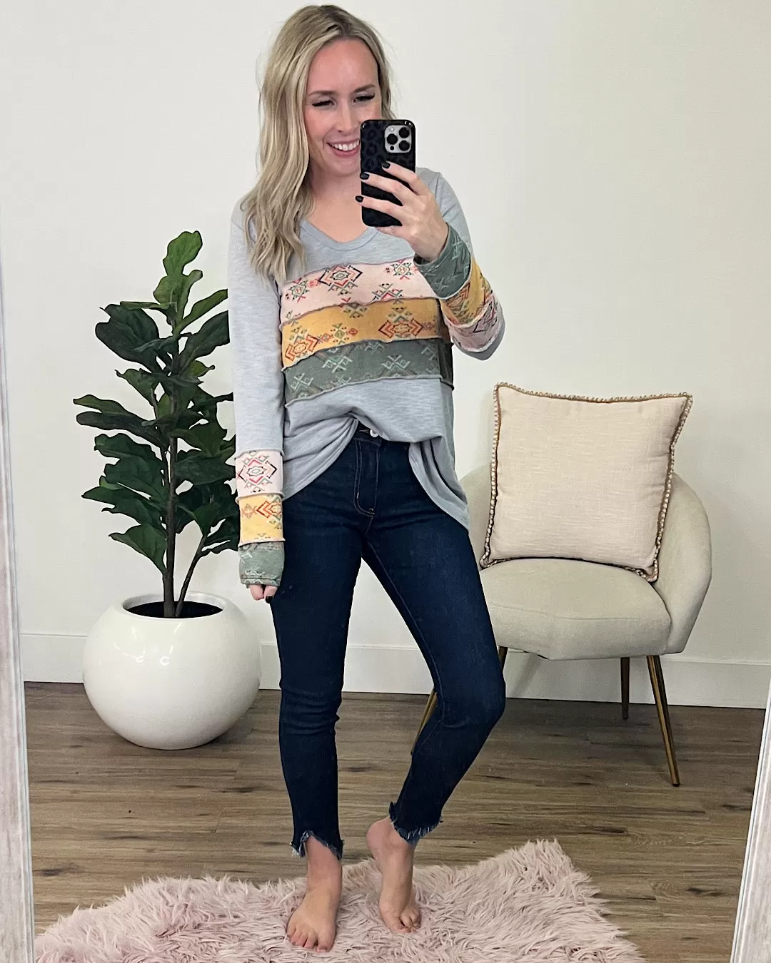 Jade Gray and Aztec Color Block Top