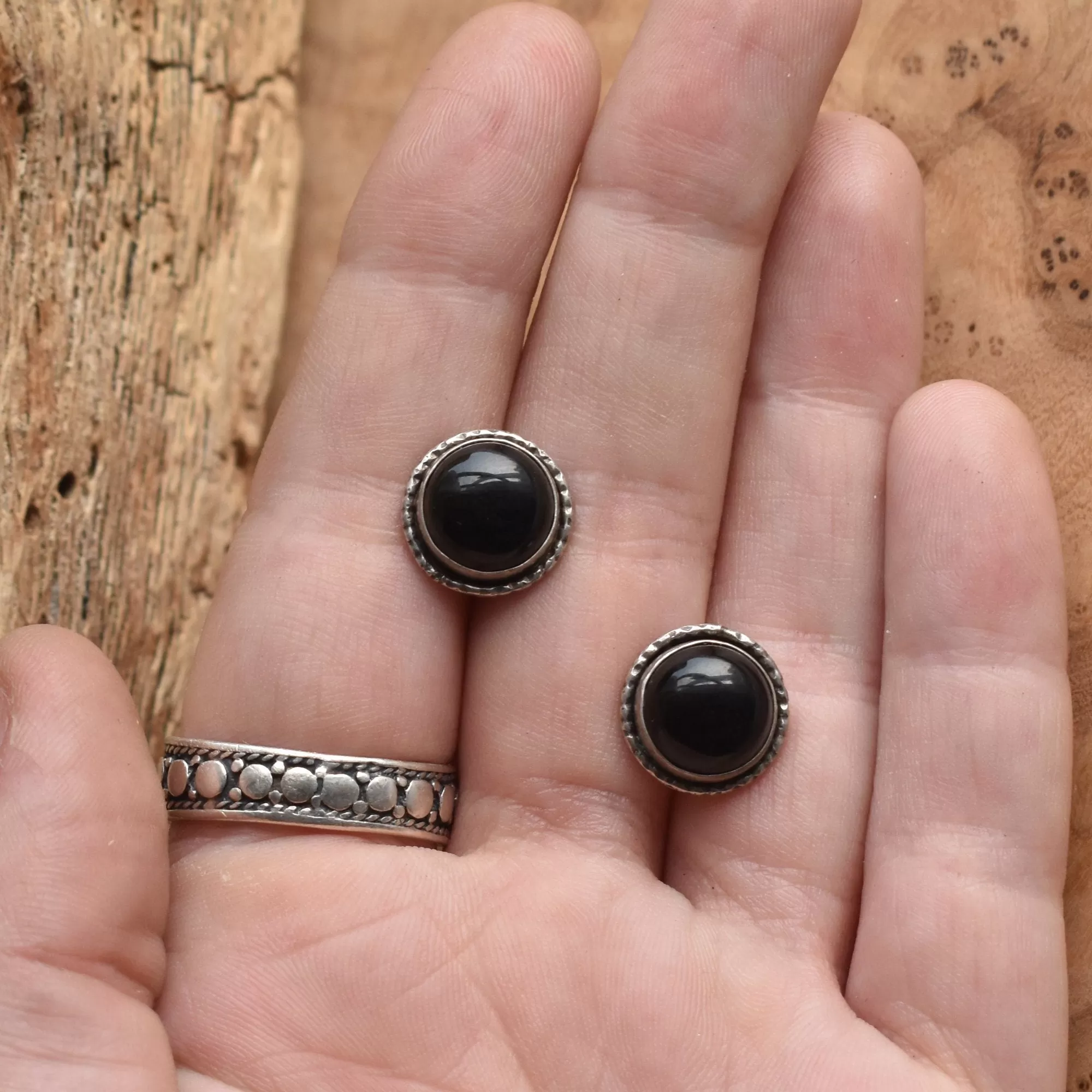 Large Hammered Posts - .925 Sterling Silver - Black Onyx Studs - Silversmith Posts - Big Post Earrings