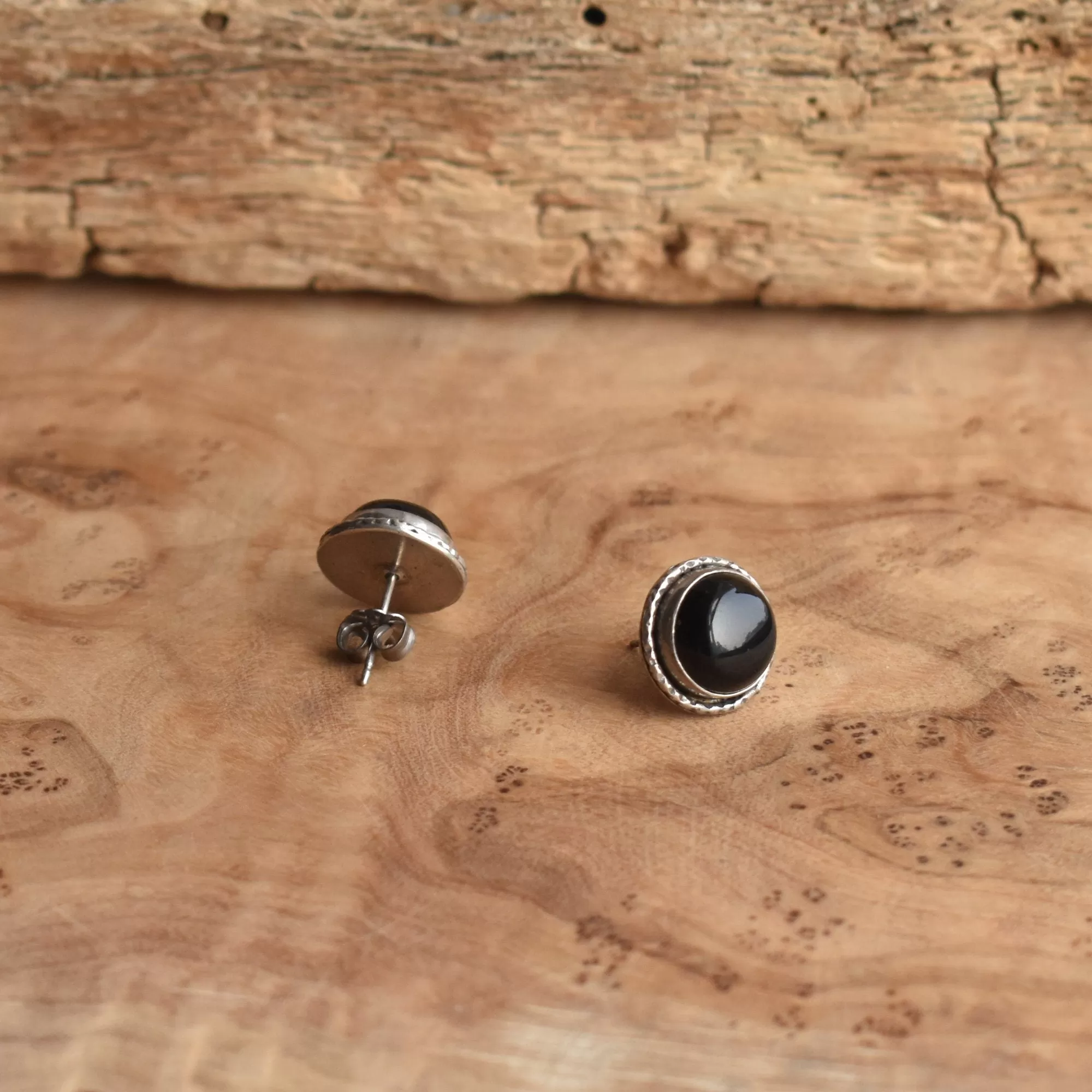 Large Hammered Posts - .925 Sterling Silver - Black Onyx Studs - Silversmith Posts - Big Post Earrings