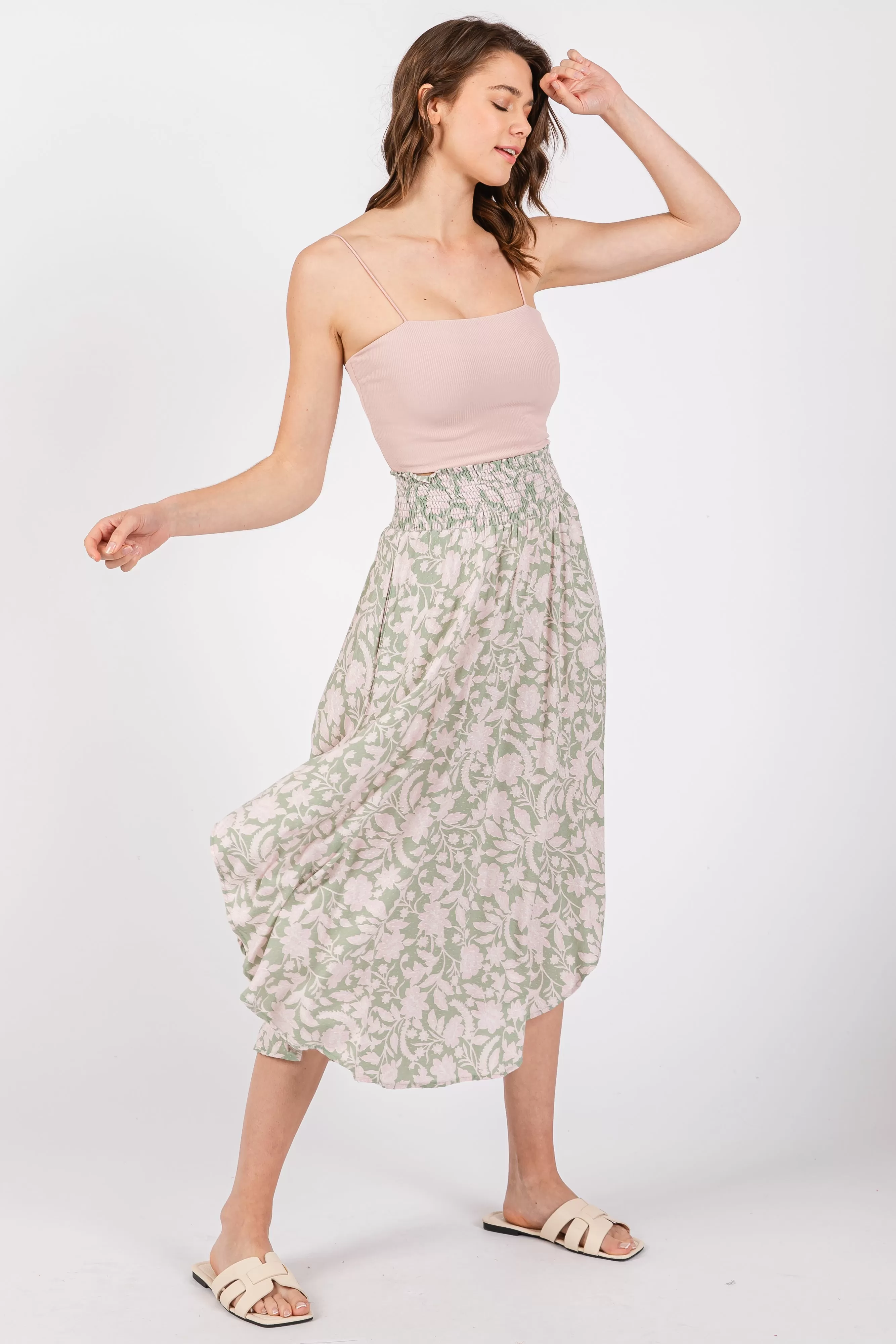 Light Olive Textured Dot Smocked Round Hem Midi Skirt