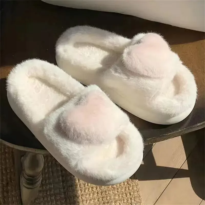 Love Heart Winter Fluffy Home Slippers - Pinkdollz