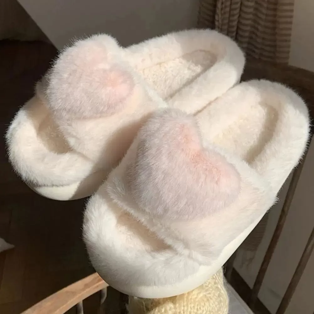 Love Heart Winter Fluffy Home Slippers - Pinkdollz