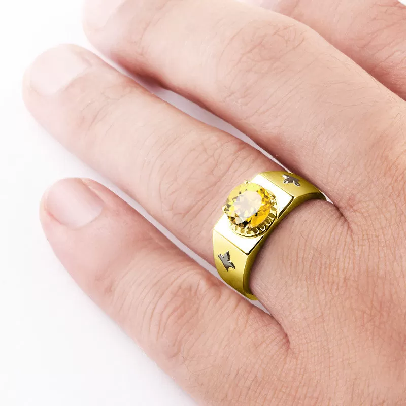 Men's Ring with Citrine Gemstone in 14k Yellow Gold