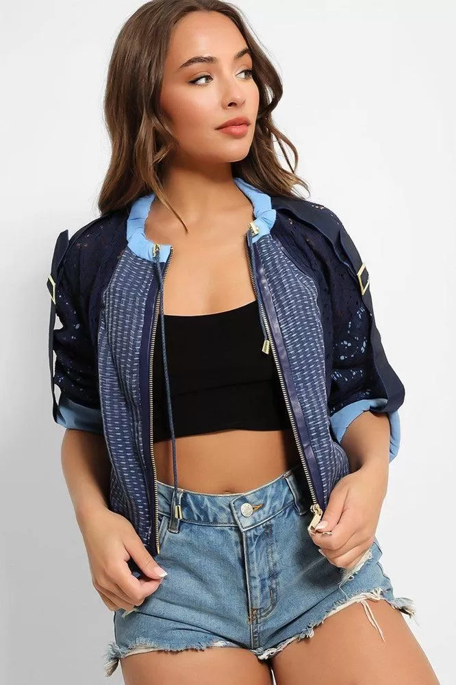 Navy Blue Lace Belt Details Cropped Jacket