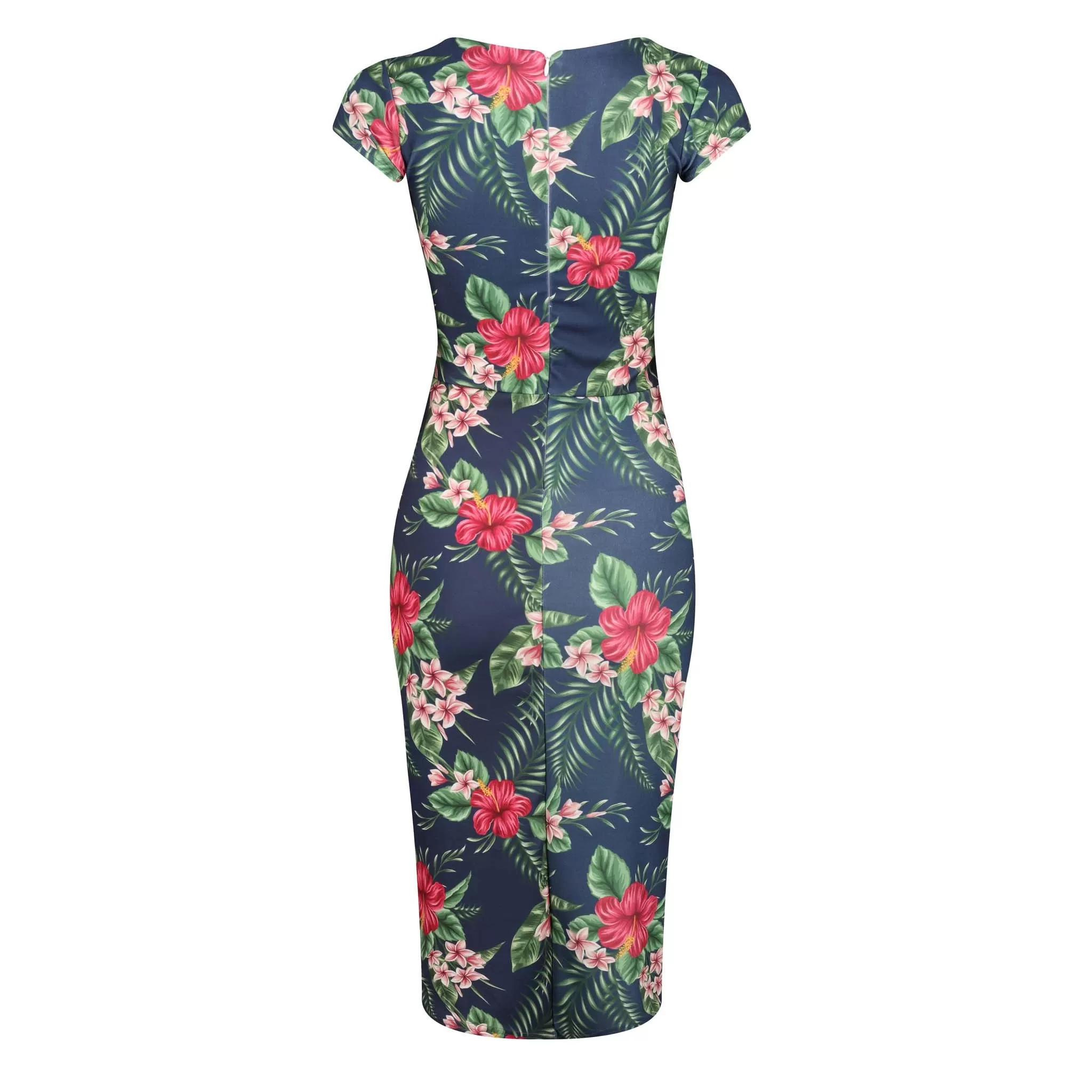 Navy Tropical Floral Print Cap Sleeve V Neck Bodycon Wiggle Dress