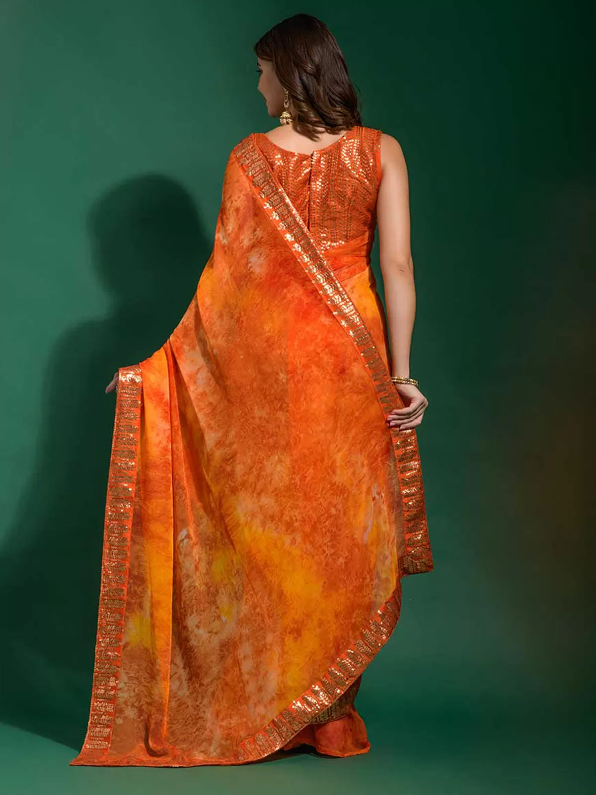 Odette Women Orange Georgette Saree With Blouse Piece