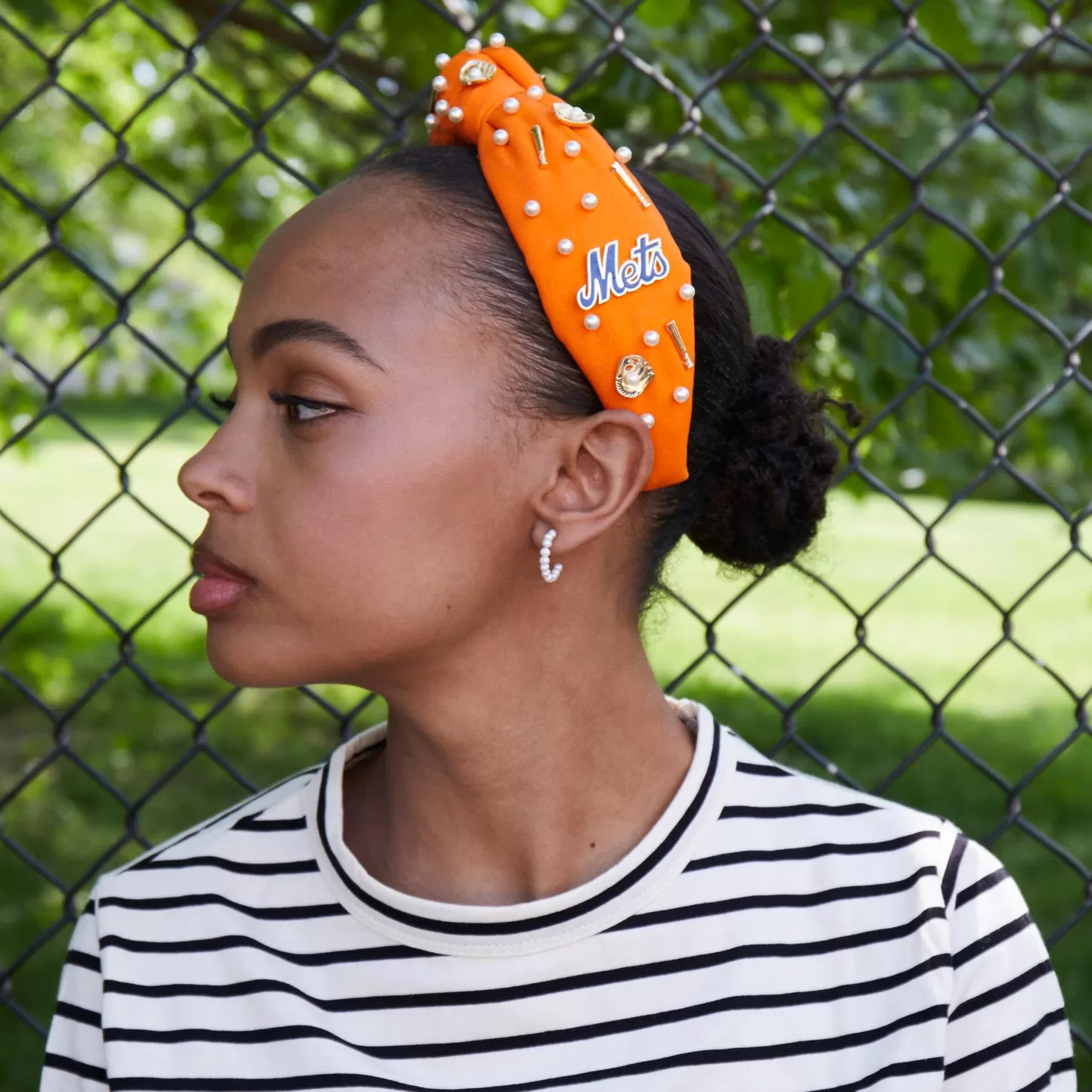 ORANGE NY METS EMBELLISHED KNOTTED HEADBAND