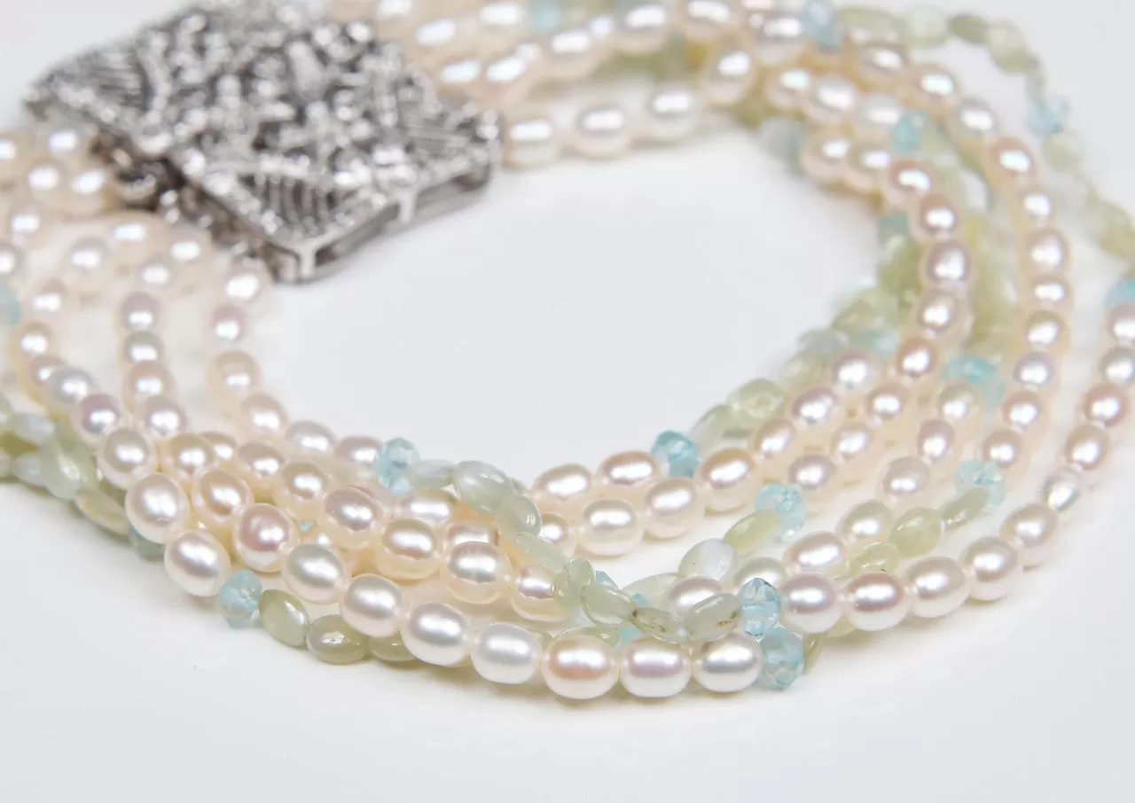 Pearl, Blue Topaz, Chrysoberyl, Diamonds, and White Gold Bracelet