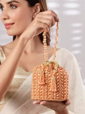 Rubans Grey Coloured Potli Bag With Golden Embroided Design And Pearls.