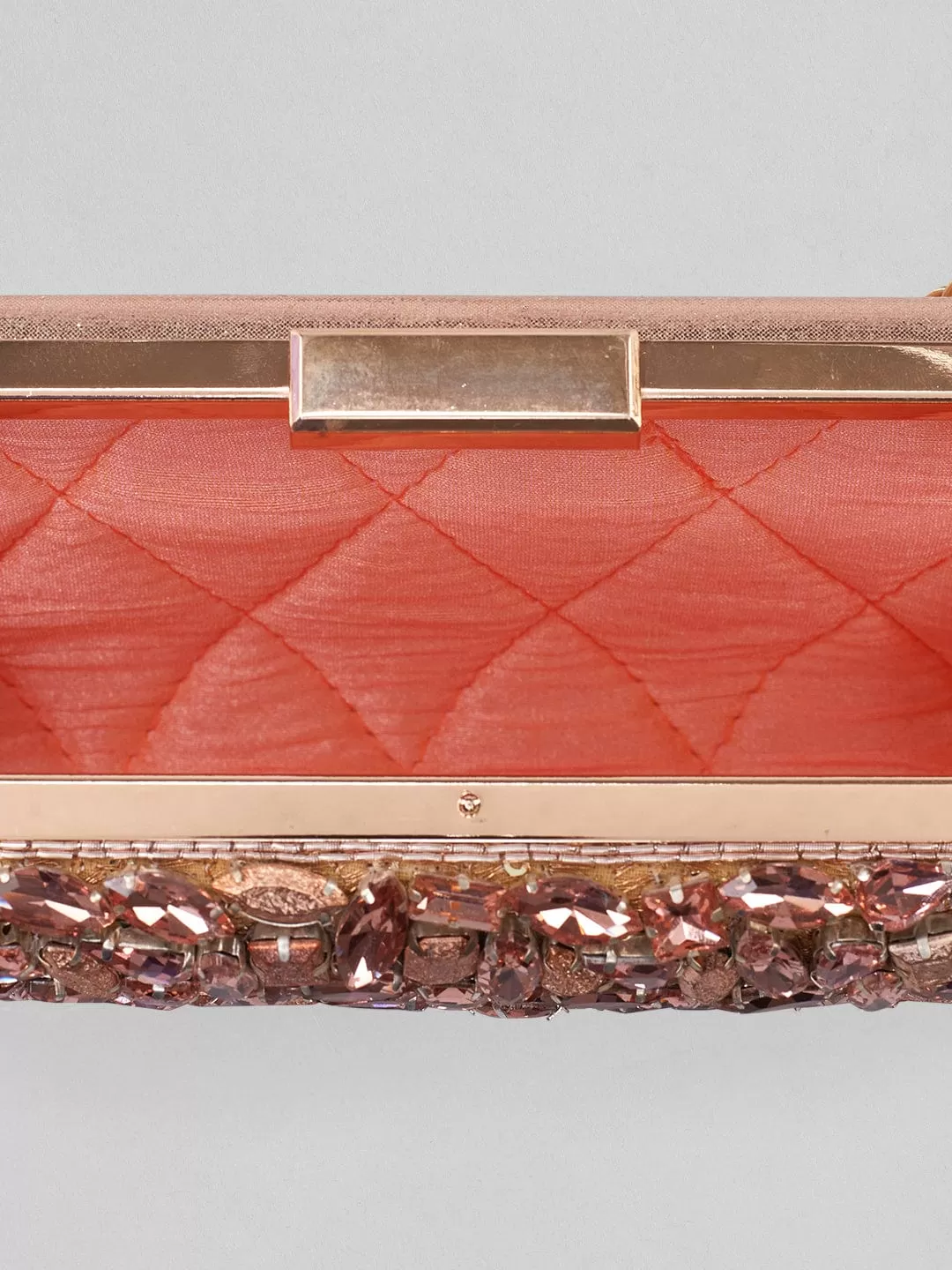 Rubans Rose Coloured Box Clutch With Brown Studded Stone Design.