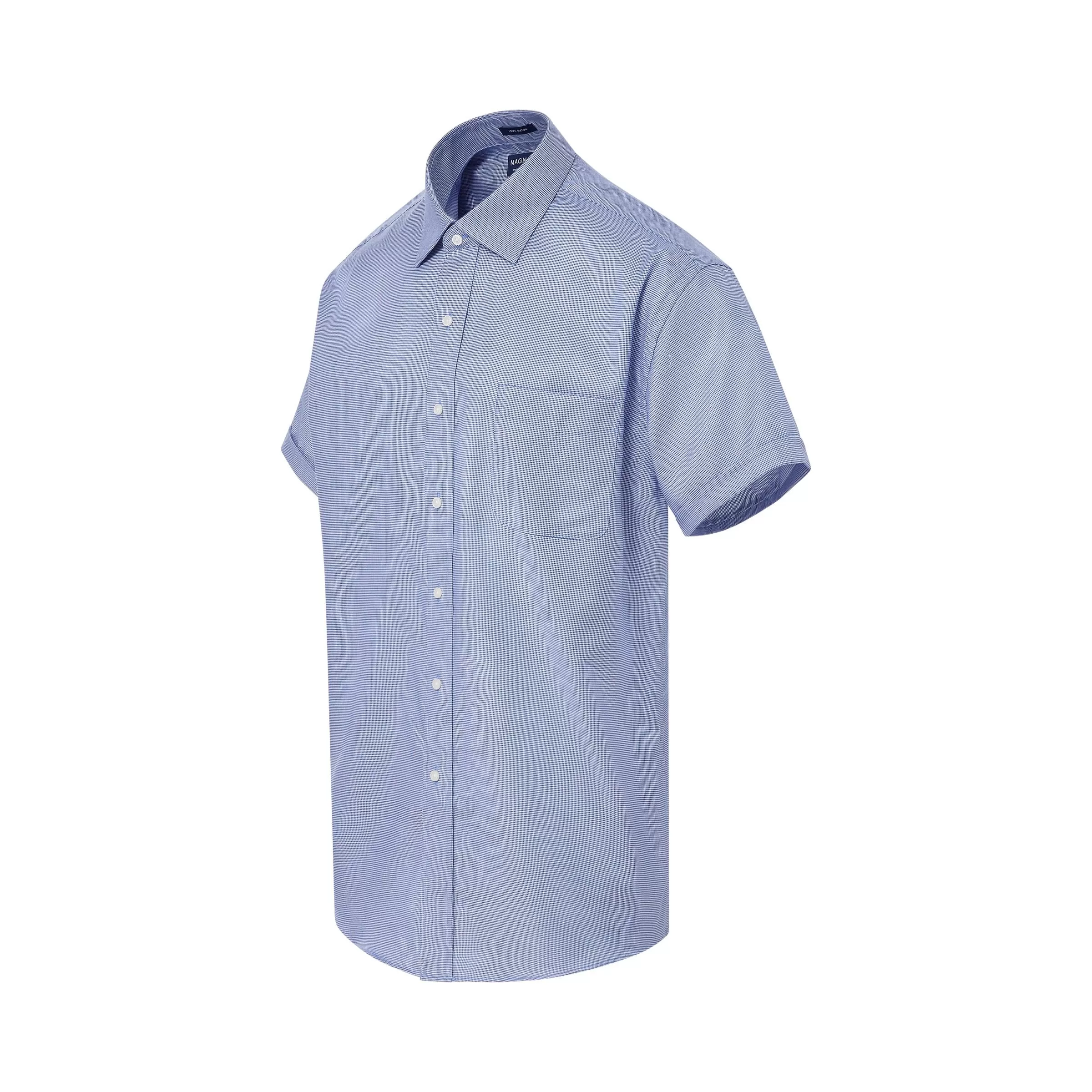 Short Sleeve Blue ‘Ryan’ Spread Collar Cotton Shirt with Magnetic Closures