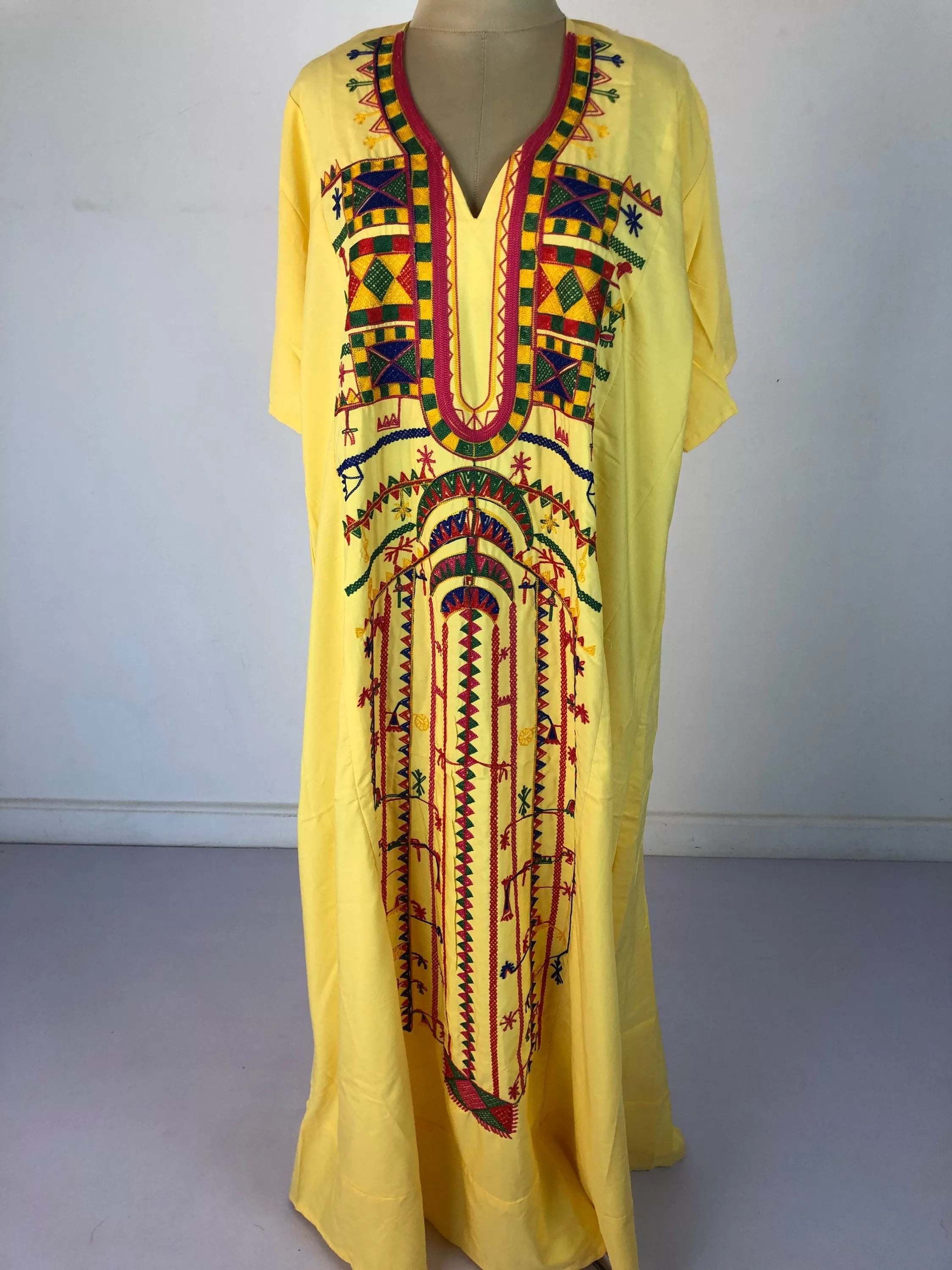 Siwa Yellow Multicolor embroidered Kaftan dress, Cotton Kaftan, caftans for women, Summer Kaftan, Embroidered kaftan, caftans, Egyptian