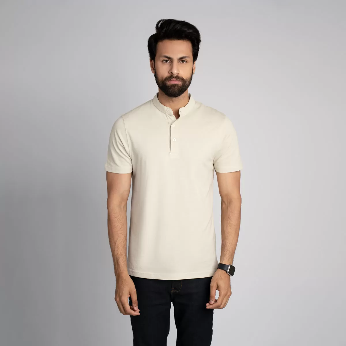 Stand Up Collar Half Sleeve Henley - HSSM1230008