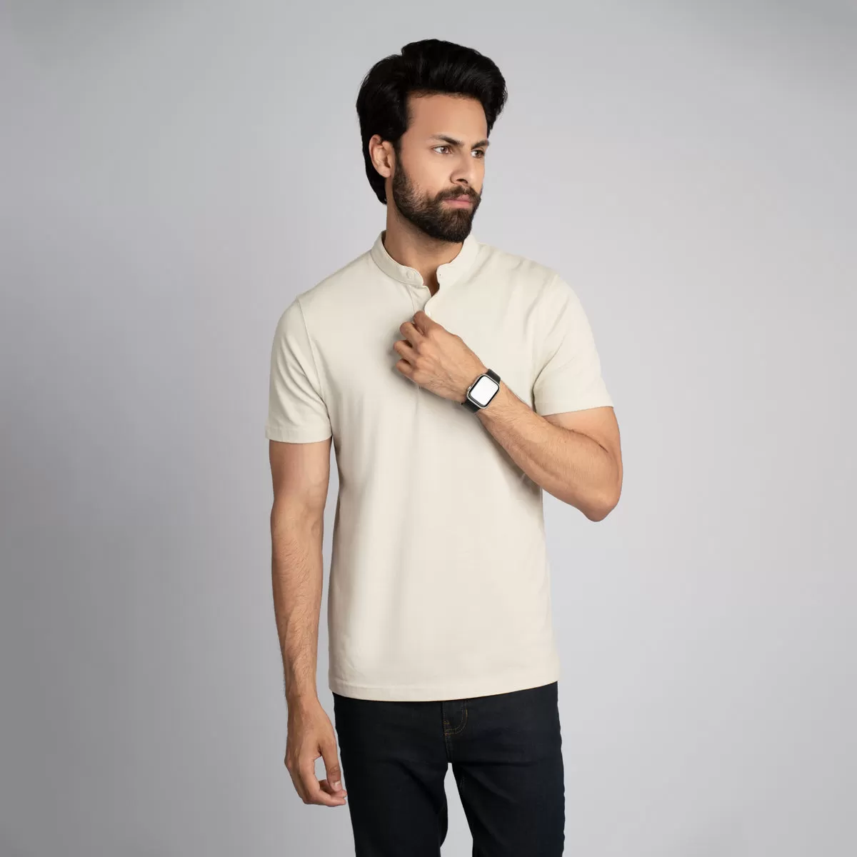 Stand Up Collar Half Sleeve Henley - HSSM1230008