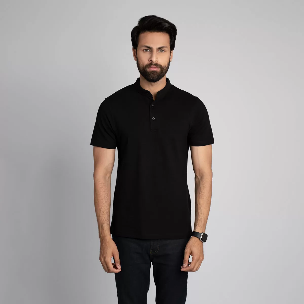 Stand Up Collar Half Sleeve Henley - HSSM1230008