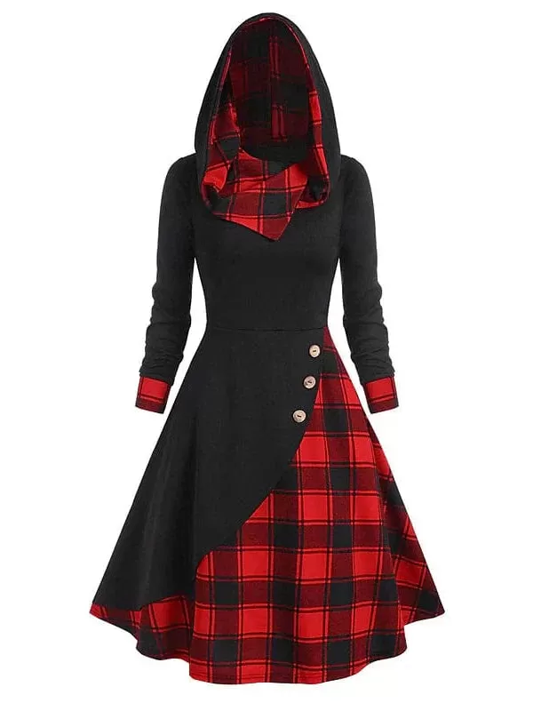 Tartan Hooded Midi Dress for Women