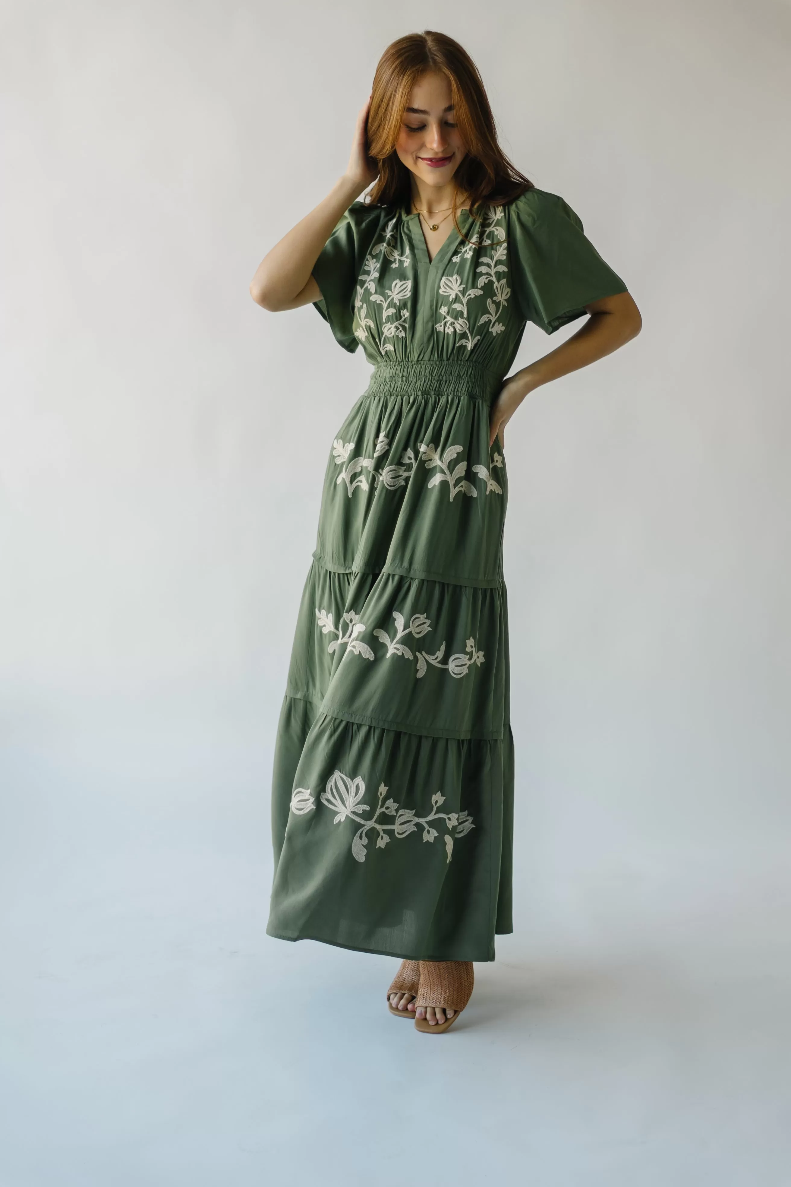 The Radford Embroidered Maxi Dress in Olive (PRE-ORDER: SHIPS IN 3-4 WEEKS)