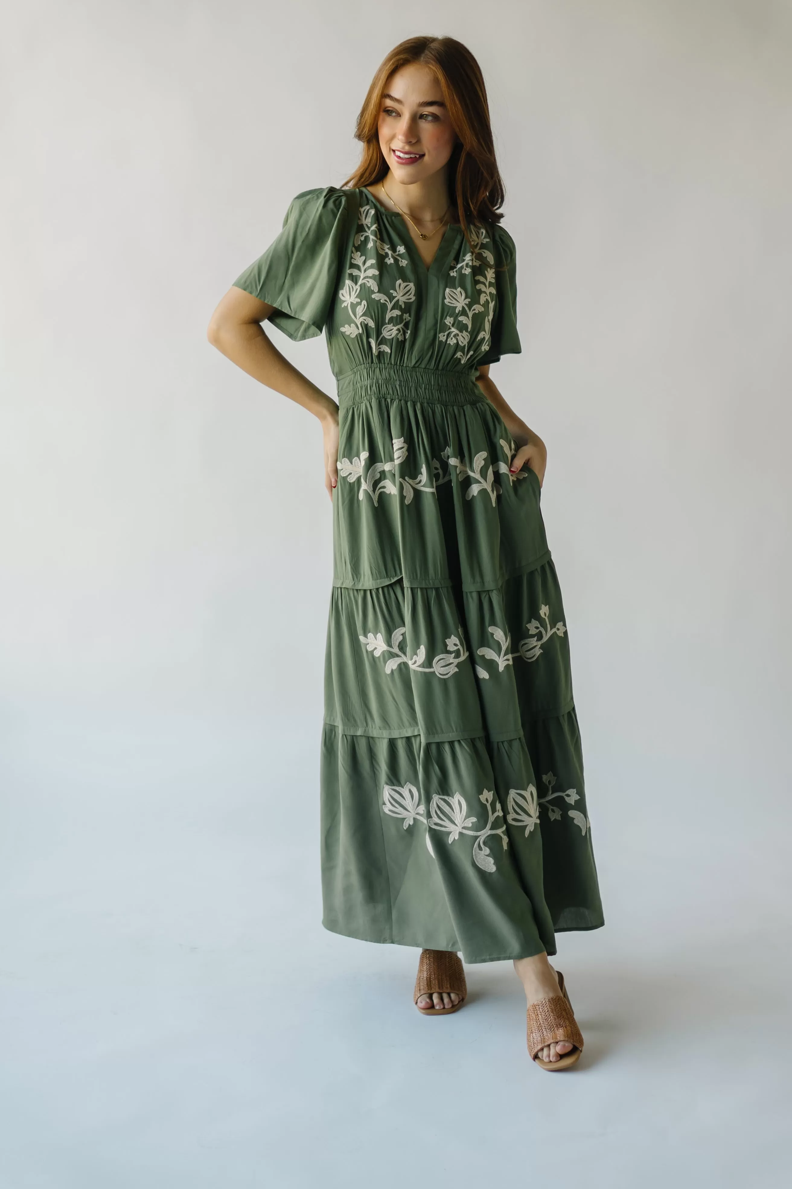 The Radford Embroidered Maxi Dress in Olive (PRE-ORDER: SHIPS IN 3-4 WEEKS)