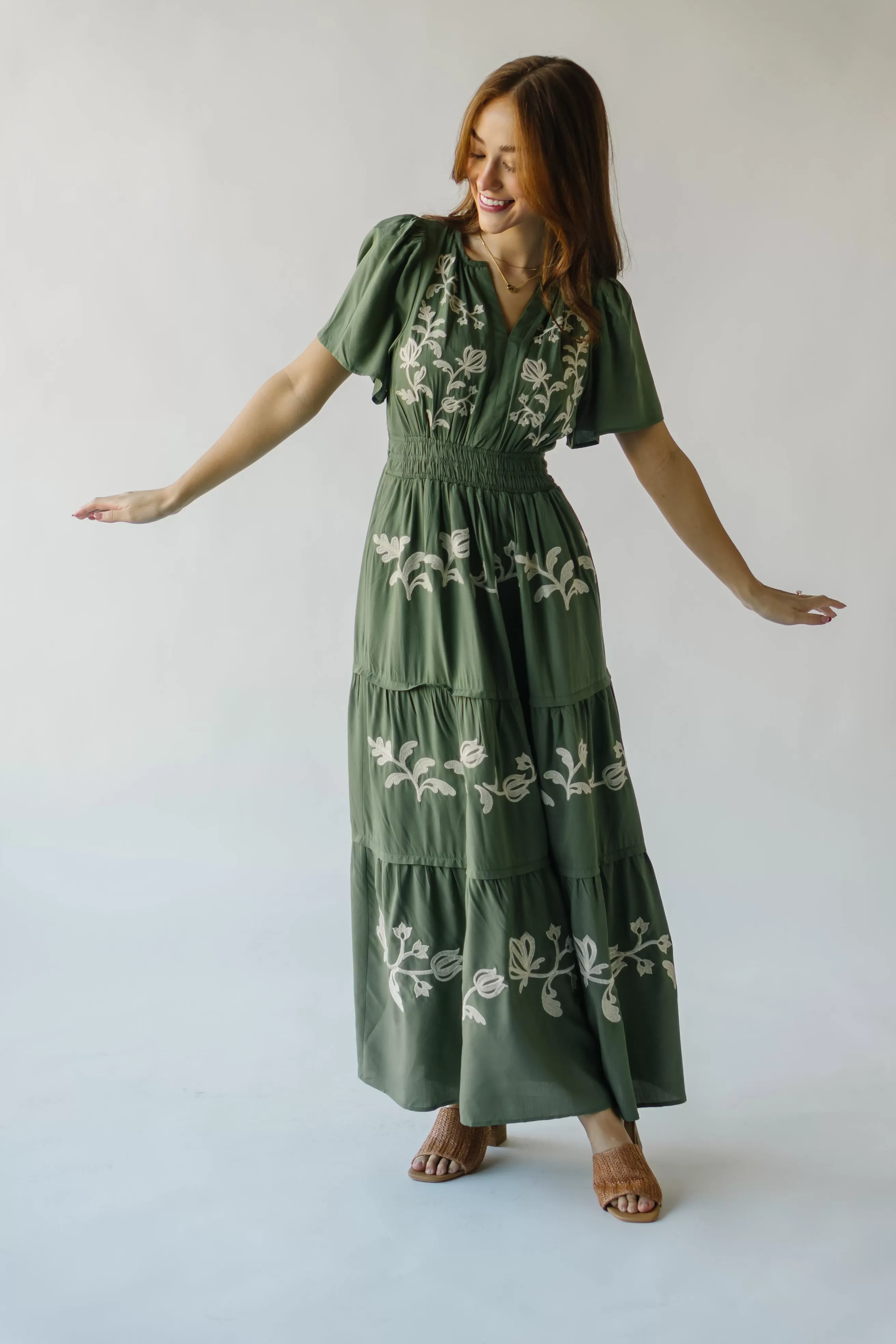 The Radford Embroidered Maxi Dress in Olive (PRE-ORDER: SHIPS IN 3-4 WEEKS)