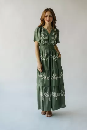 The Radford Embroidered Maxi Dress in Olive (PRE-ORDER: SHIPS IN 3-4 WEEKS)