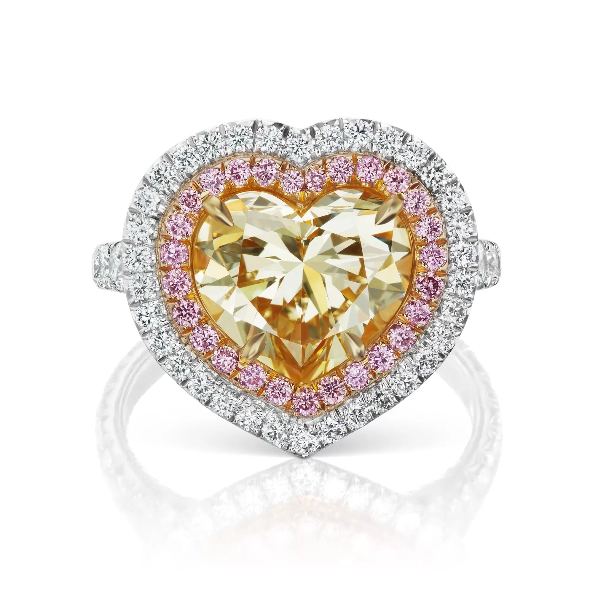 VENUS 6 CARAT YELLOWDIAMOND HEART SHAPED PINK DIAMOND HALO ENGAGEMENT RINGPLATINUM & 18K GOLD BY MIKE NEKTA