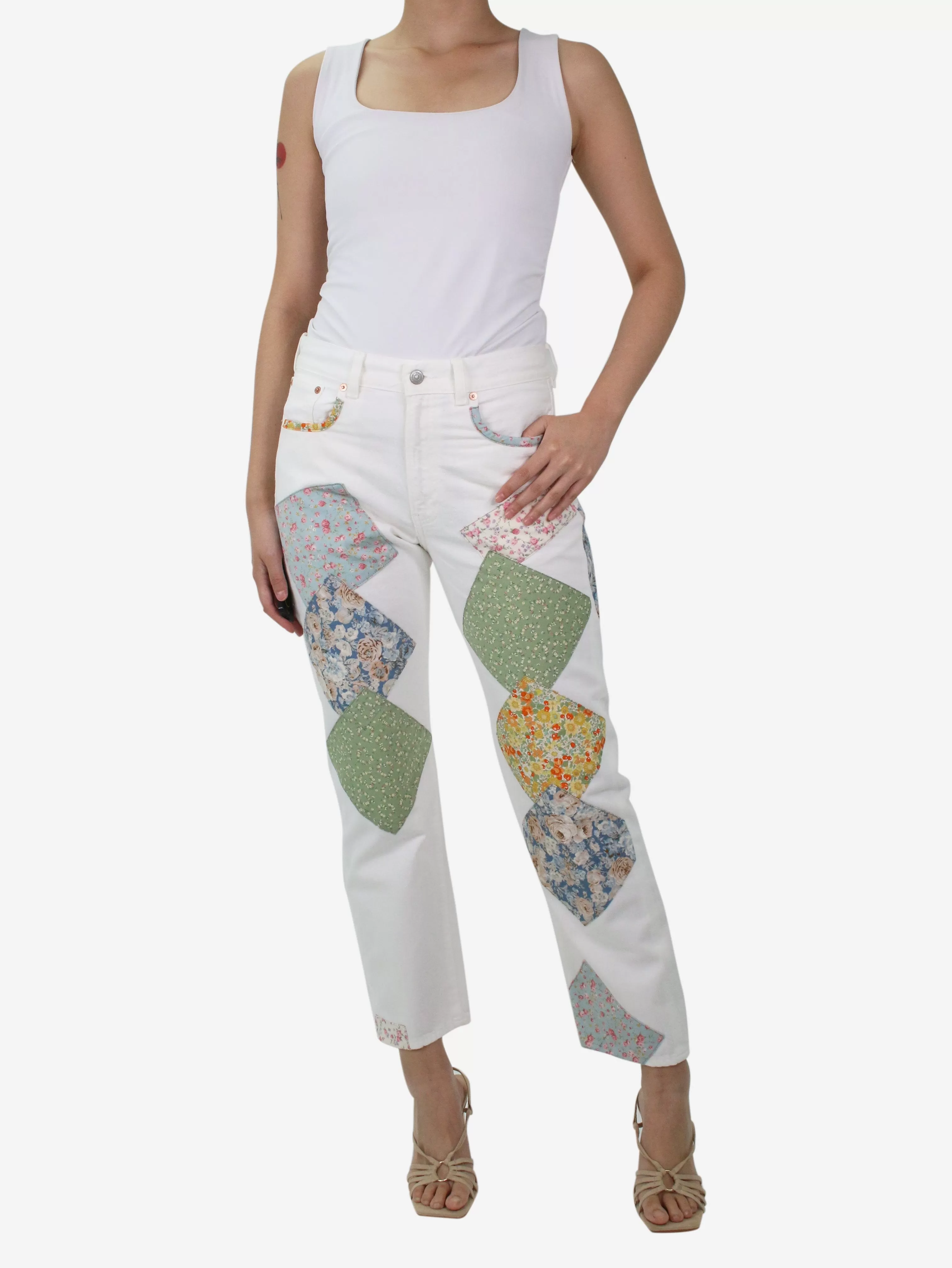 White floral patchwork boyfriend jeans - size UK 6