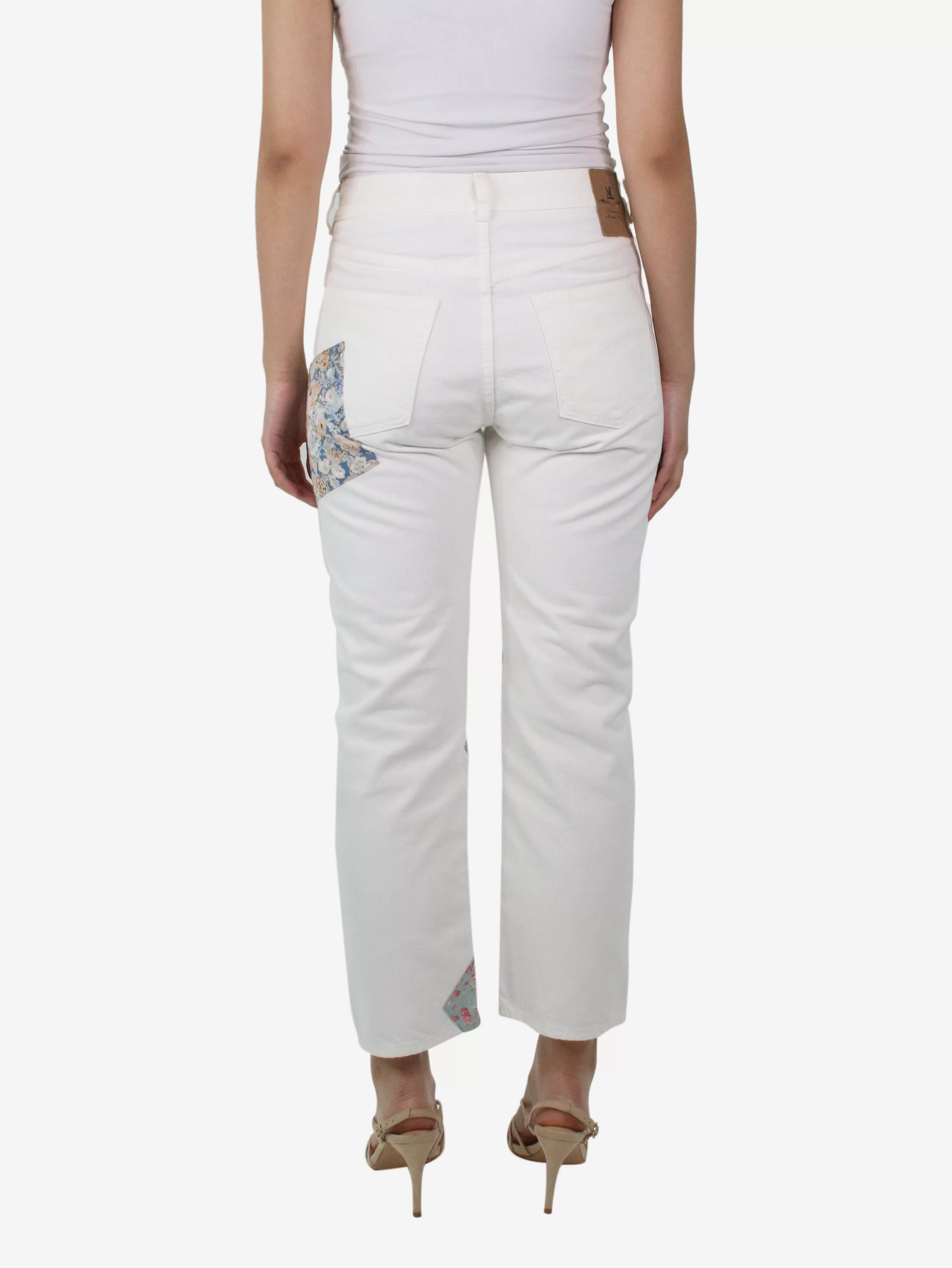 White floral patchwork boyfriend jeans - size UK 6