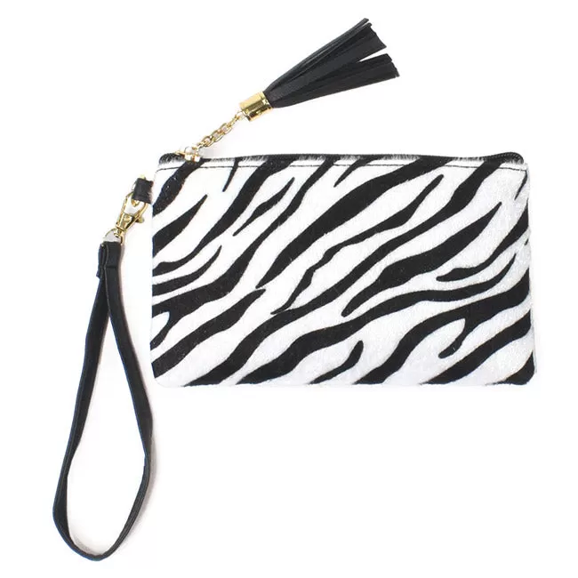 Zee Zebra Faux Hair Wristlet Pouch Bag